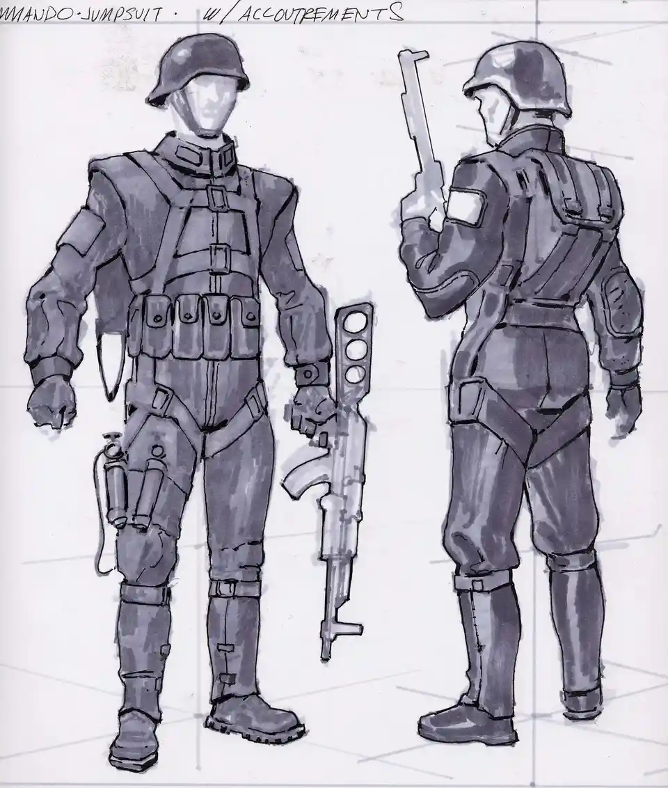 A black-and-white sketch shows two views of a soldier in a detailed commando jumpsuit with tactical gear, including a…