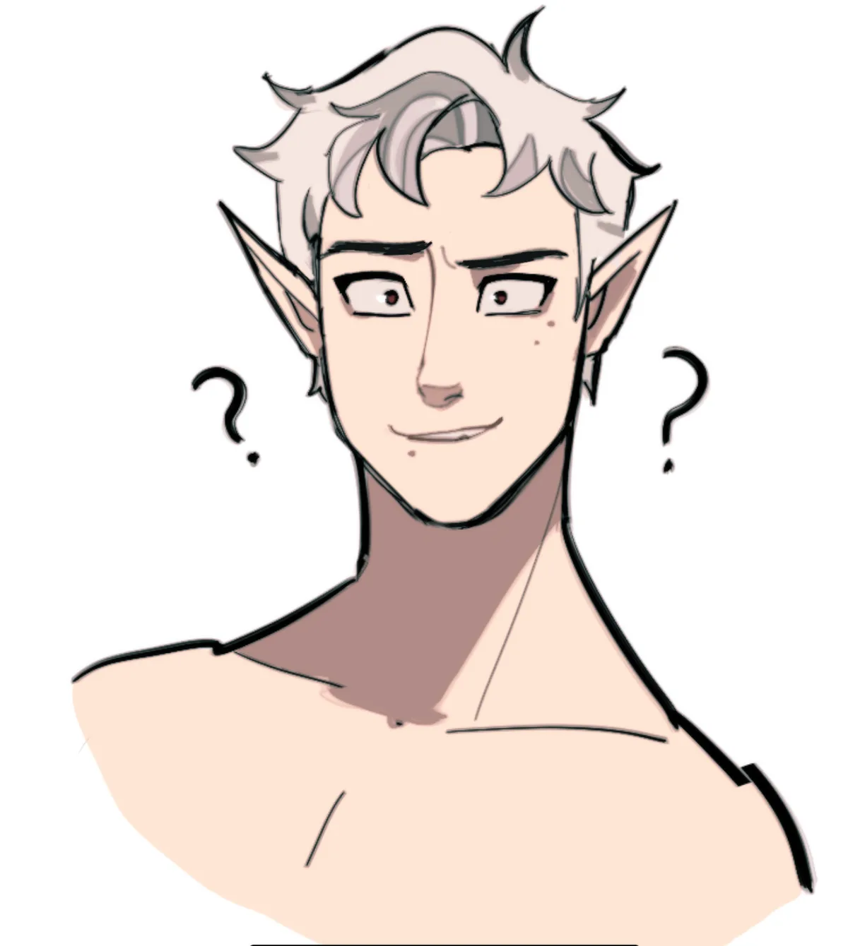 An anime-style illustration of a shirtless elf with spiky white hair and pointed ears, looking confused with wide eyes and a…