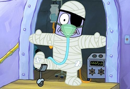 A cartoon character, resembling a mummy with bandages wrapped around its body, wearing a surgical mask and an eyepatch…