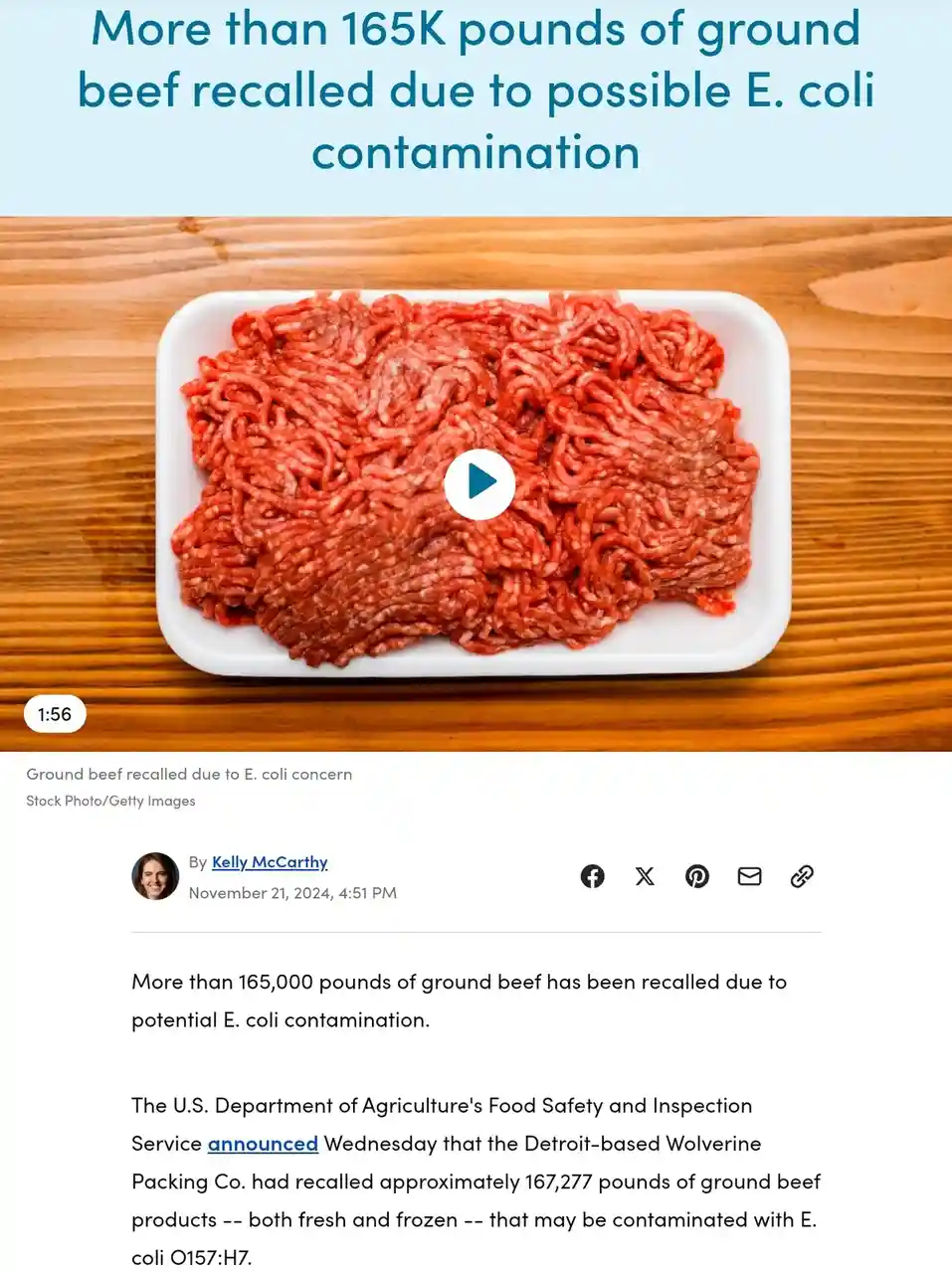 A stock photo of raw ground beef in a white plastic tray on a wooden surface, overlaid with a headline about a large-scale…