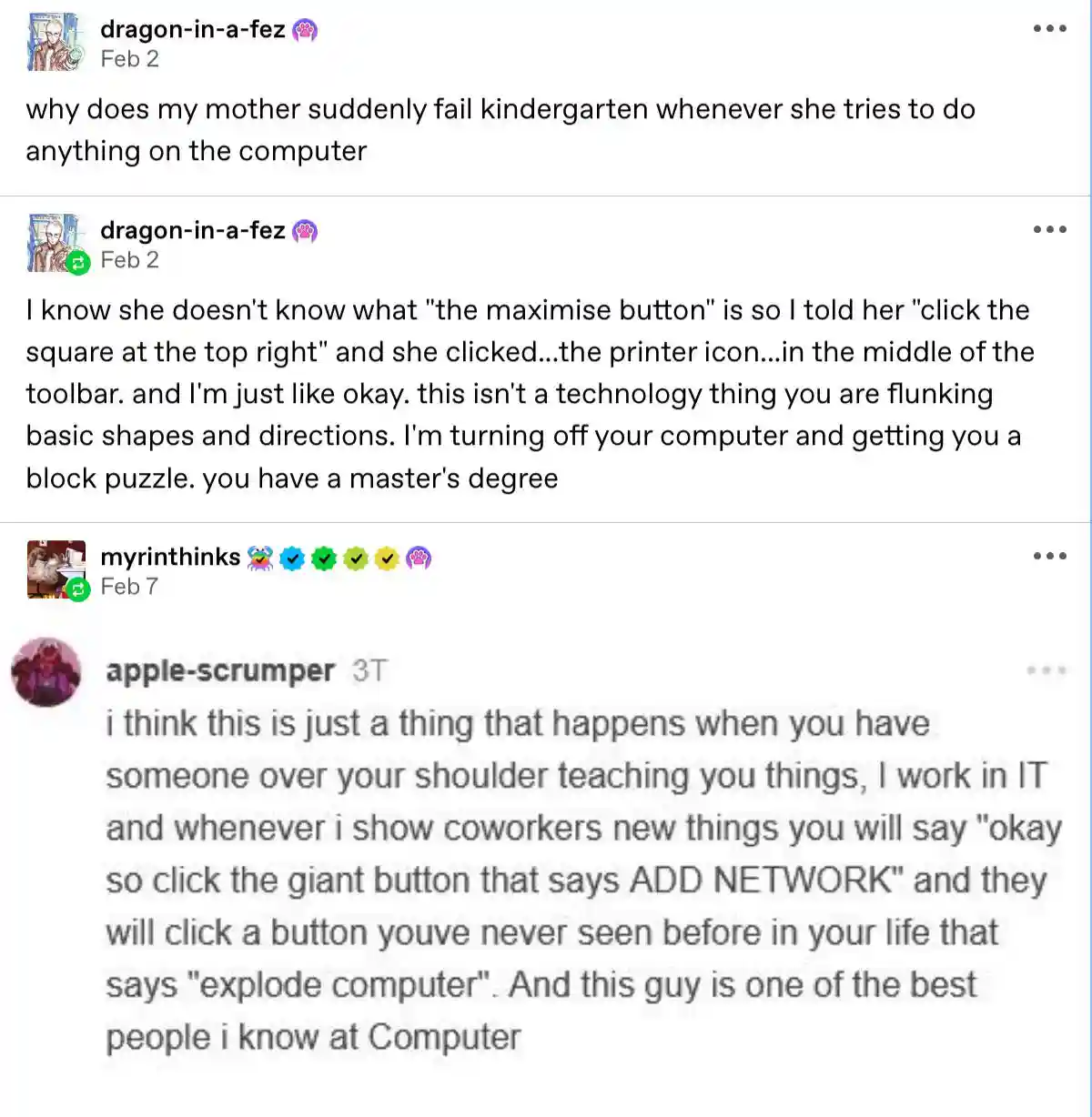 A screenshot of a social media thread showing a user's humorous story about their mother accidentally clicking the printer…