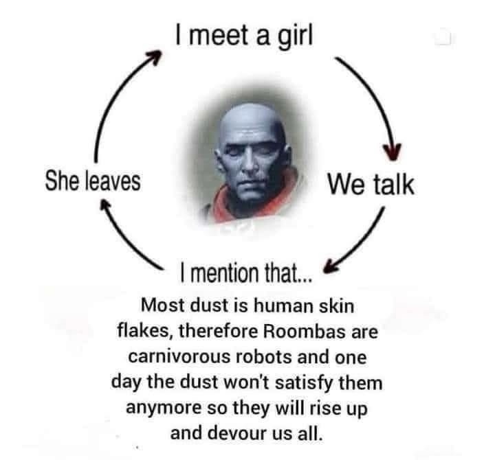 A circular diagram with four text nodes connected by arrows around a central image of a bald man with a serious expression…