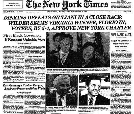 A black-and-white newspaper front page from The New York Times dated November 8, 1989, reporting on political victories. The…