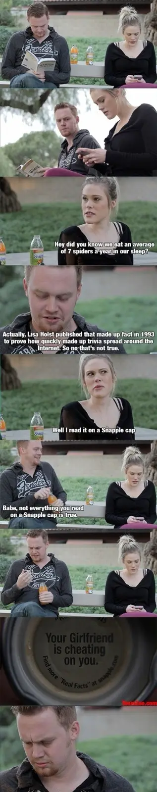 A multi-panel meme shows a woman telling her boyfriend a bizarre trivia fact about eating spiders, which he corrects by…