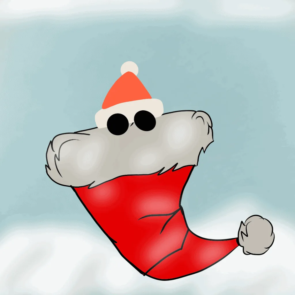 The image displays six panels of a cartoon red stocking with a white fluffy rim and a red Santa hat on top, set against a…