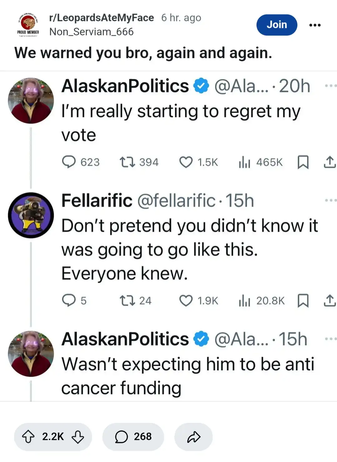 A screenshot of a Reddit post from r/LeopardsAteMyFace shows a Twitter thread where a user named AlaskanPolitics expresses…