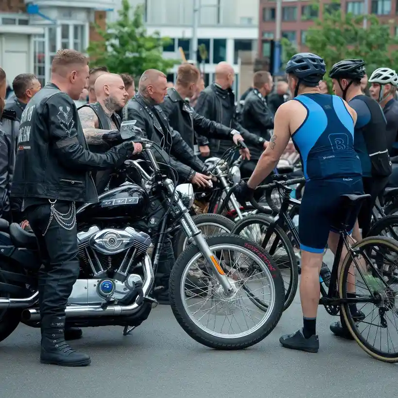 A group of men in leather jackets and biker gear stand beside their large, chrome motorcycles, facing a group of men in…