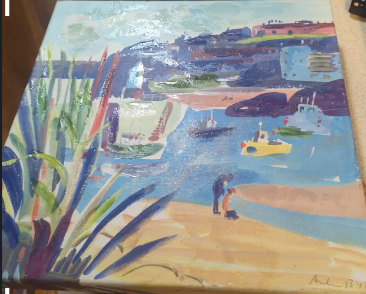 A colorful, impressionistic painting depicts a coastal scene with boats, a lighthouse, and two figures on a beach. The…
