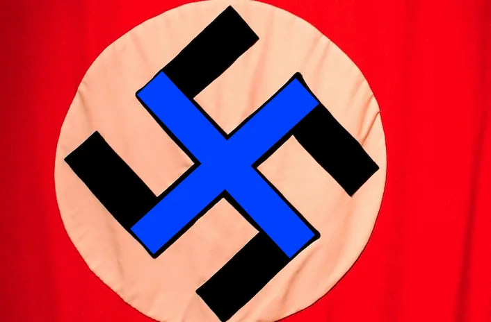 a close-up of a red flag with a circular beige field containing a swastika symbol, where the central bar is blue and the…
