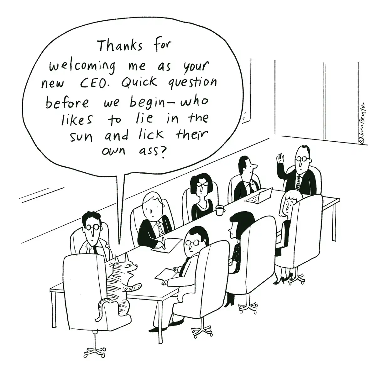 A black-and-white cartoon depicts a cat sitting upright in an office chair at a conference table, speaking to a group of…