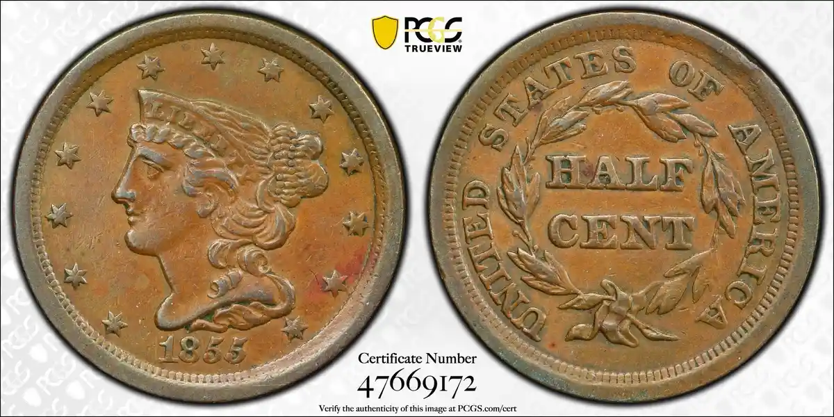 Rare Find: The 1855 Braided Hair Half Cent Graded AU50 by PCGS