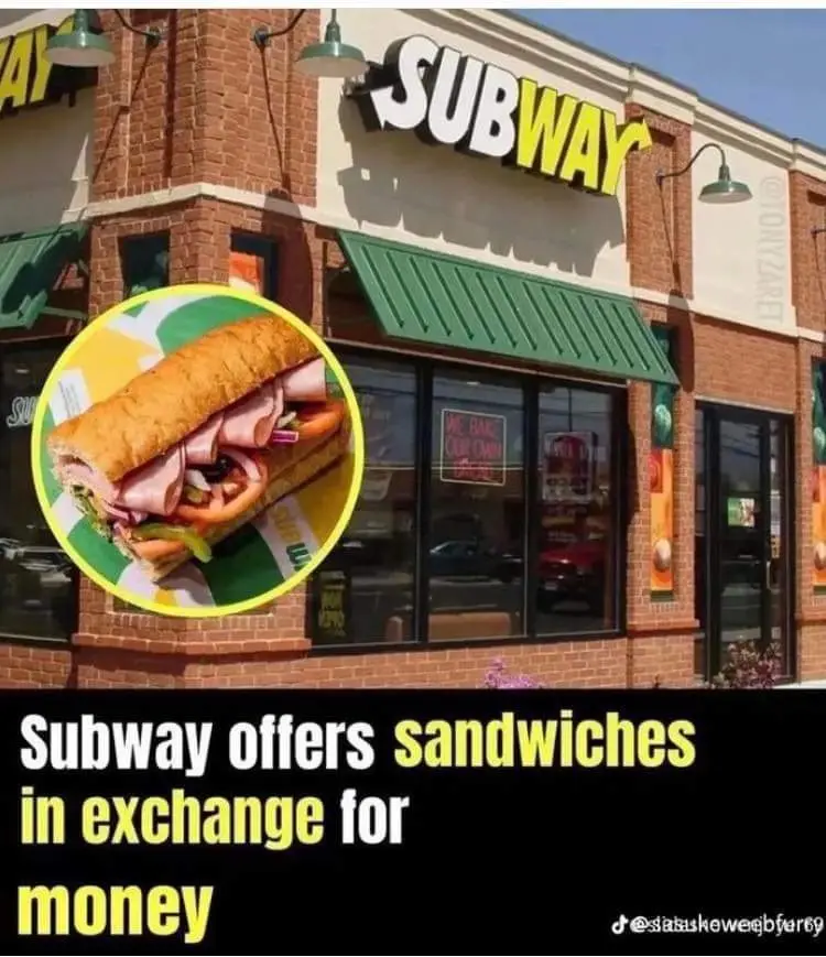 An exterior shot of a Subway restaurant with a large circular overlay showing a close-up of a sandwich. The image has a…