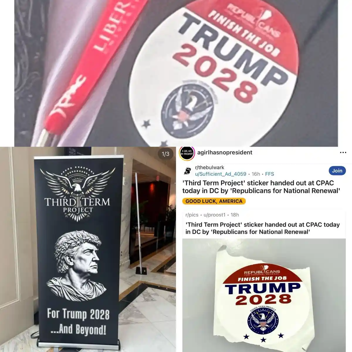The image displays political merchandise promoting Donald Trump's potential 2028 presidential run, including a 'TRUMP 2028'…