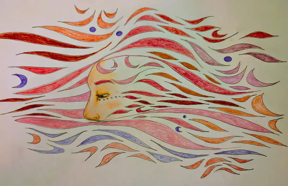 A hand-drawn illustration shows a serene, closed-eyed human face partially submerged in a sea of colorful, flowing…