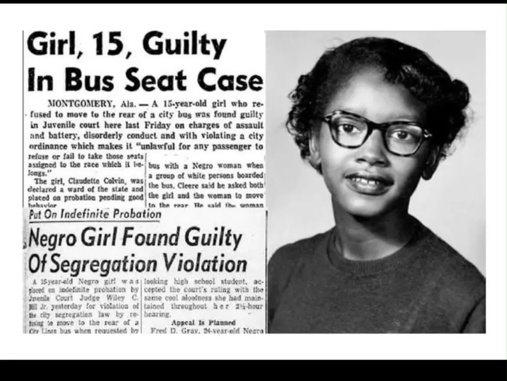 A black-and-white newspaper clipping from Montgomery, Ala., headlines 'Girl, 15, Guilty In Bus Seat Case' and 'Negro Girl…