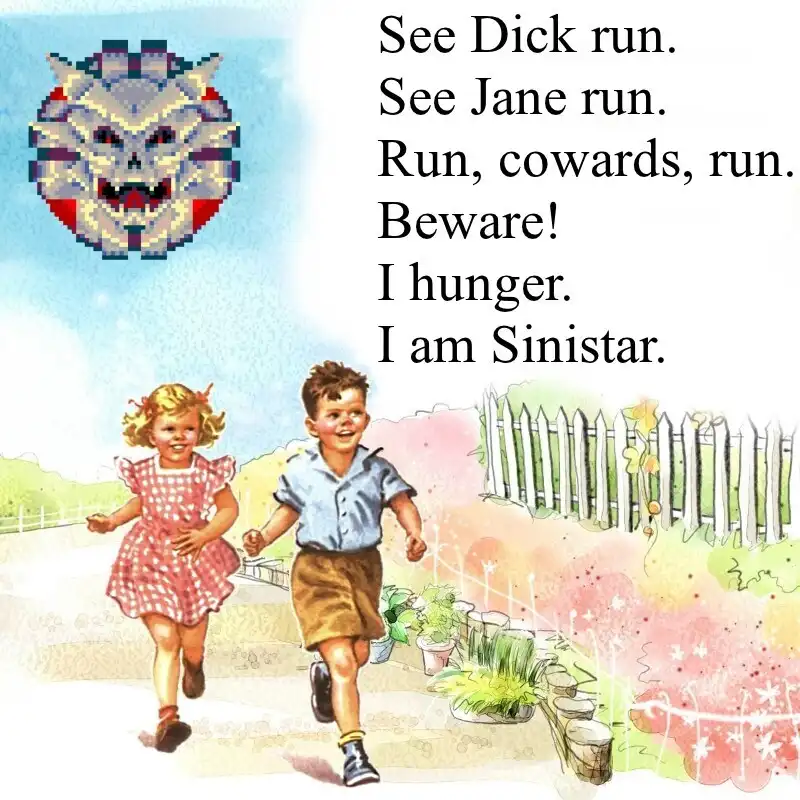 A vintage-style illustration shows a smiling boy and girl running away from the viewer down a path next to a white picket…