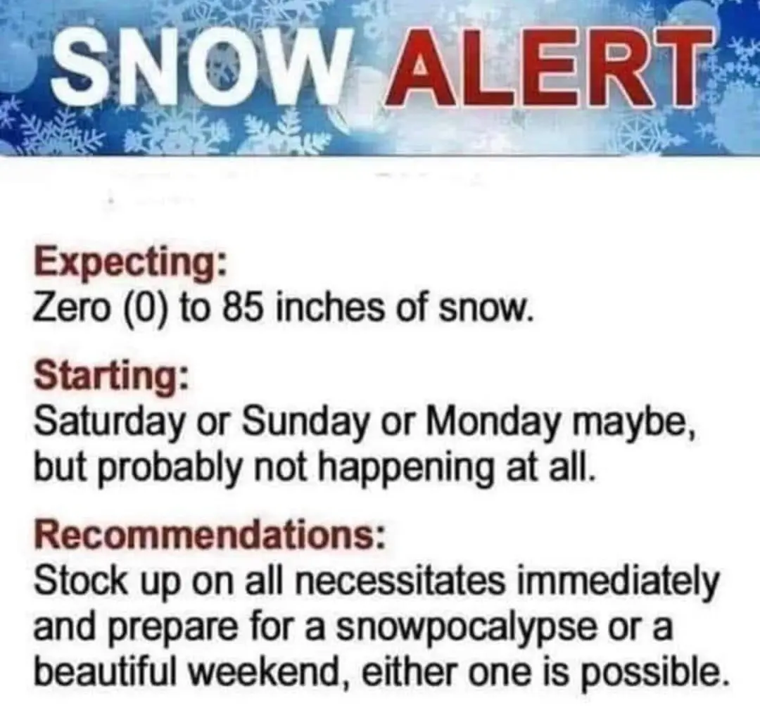 An image mimicking a weather alert with a blue snowflake-themed header reading 'SNOW ALERT'. Below, it lists 'Expecting…