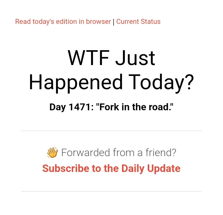 The image displays a screenshot of a newsletter or daily update email with the headline 'WTF Just Happened Today?' and the…