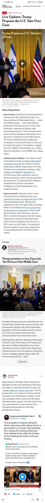 A screenshot of a news article about Trump proposing U.S. takeover of Gaza, overlaid with the text 'Trump promises to turn…
