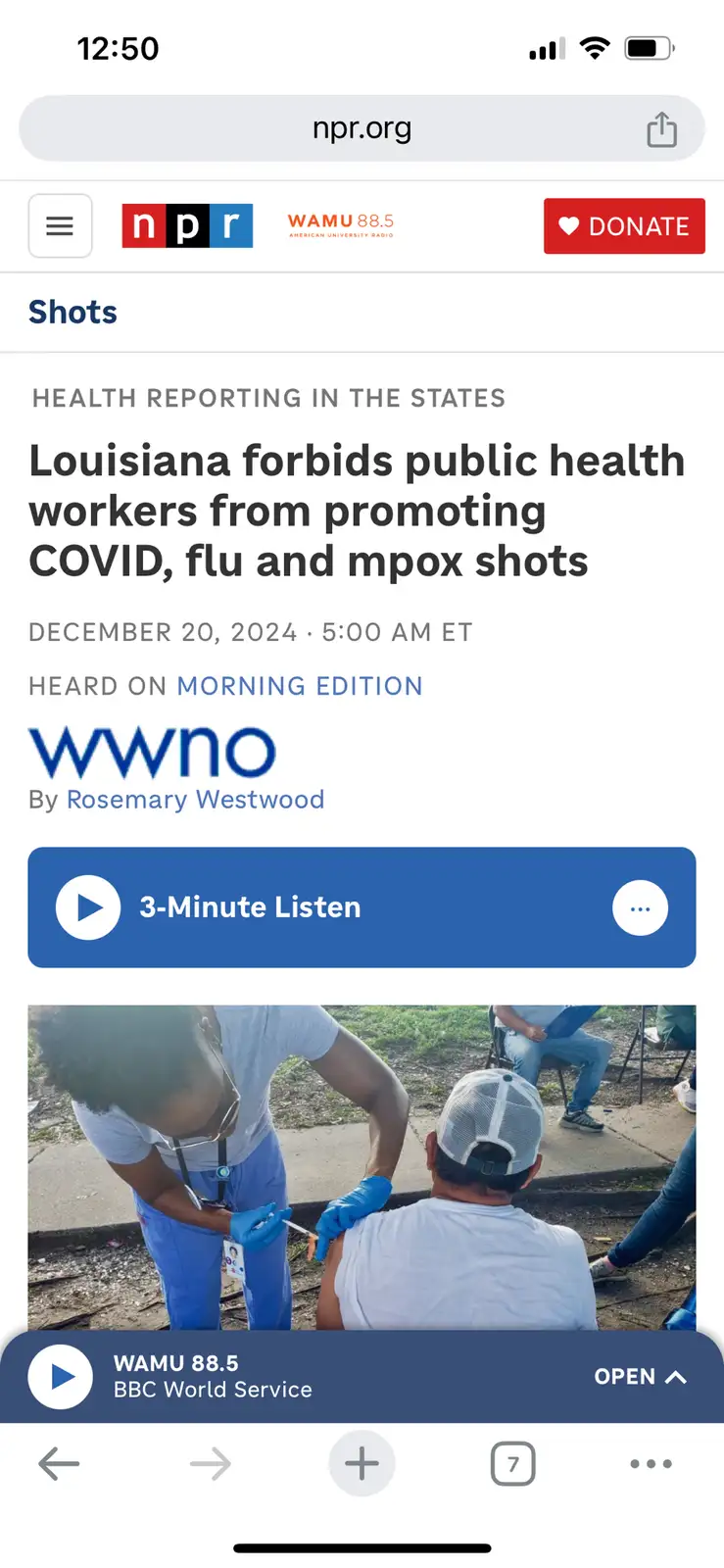 A screenshot of an NPR.org article titled 'Louisiana forbids public health workers from promoting COVID, flu and mpox shots'…