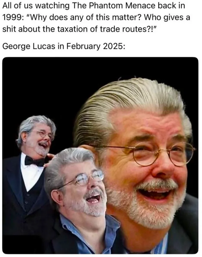 The image shows three progressively larger, overlapping photos of George Lucas laughing, with the largest version dominating…