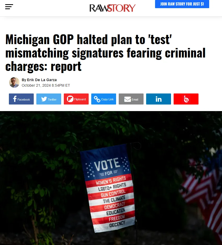 A screenshot of a Raw Story news article with the headline 'Michigan GOP halted plan to 'test' mismatching signatures…