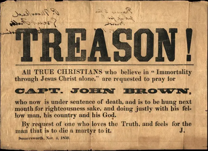 An aged, yellowed newspaper clipping with bold black text declares 'TREASON!' at the top. Below, it urges 'All TRUE…