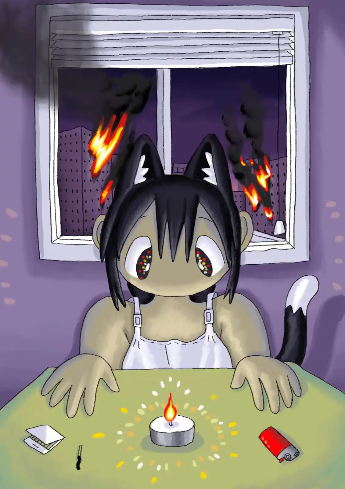 An anime-style catgirl with wide, teary eyes sits at a table with a lit candle, surrounded by scattered items like a lighter…