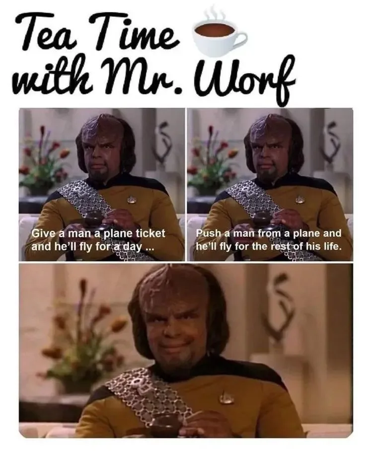 The image features three panels of the Star Trek character Mr. Worf, a Klingon officer in a yellow uniform, holding a…