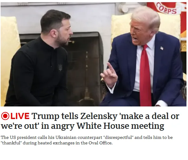 A photo shows Donald Trump, in a blue suit and red tie, gesturing angrily while speaking to Volodymyr Zelensky, who wears a…