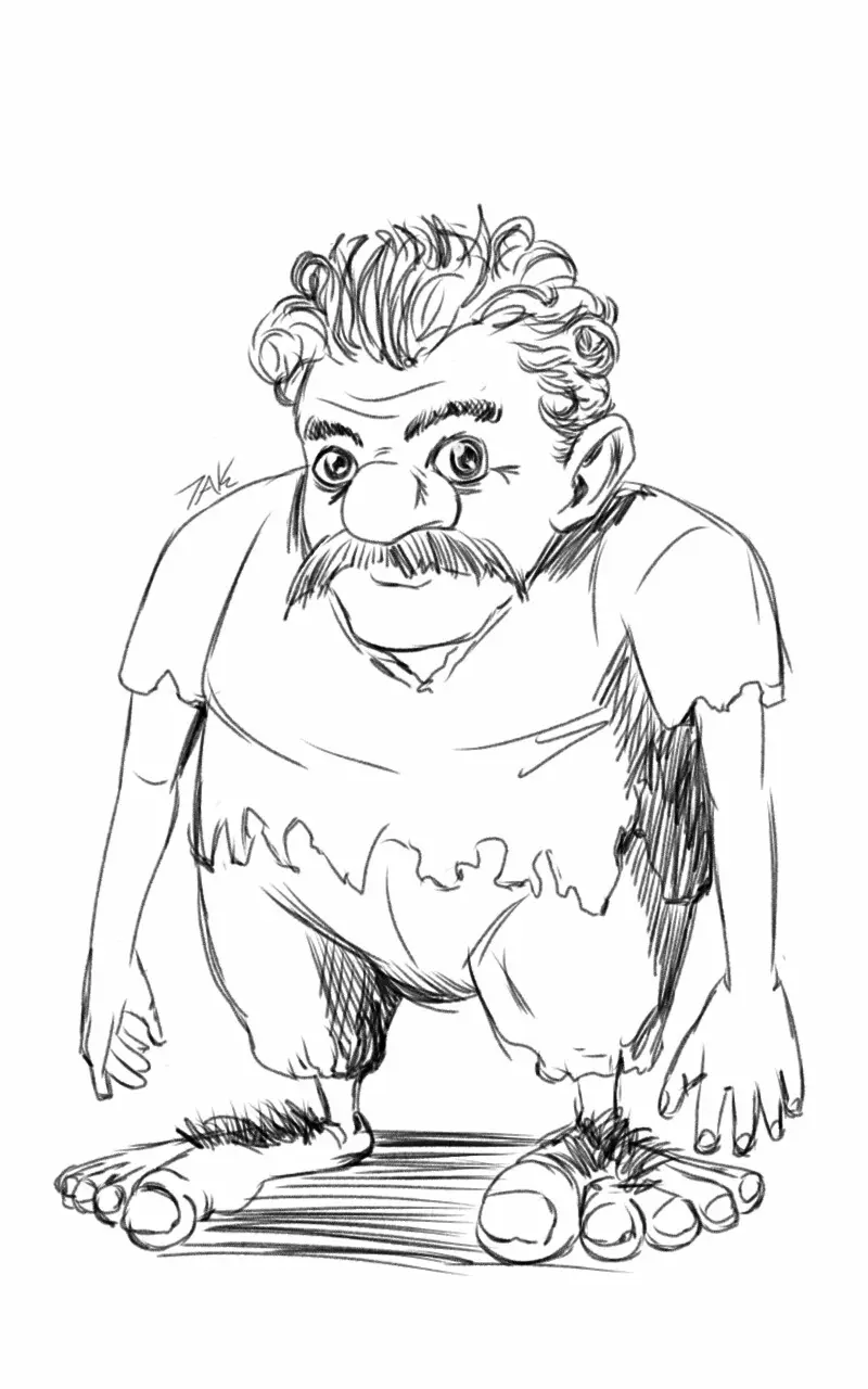 A black-and-white sketch shows a cartoonish, balding man with a mustache, wearing torn shorts, crawling on all fours with…