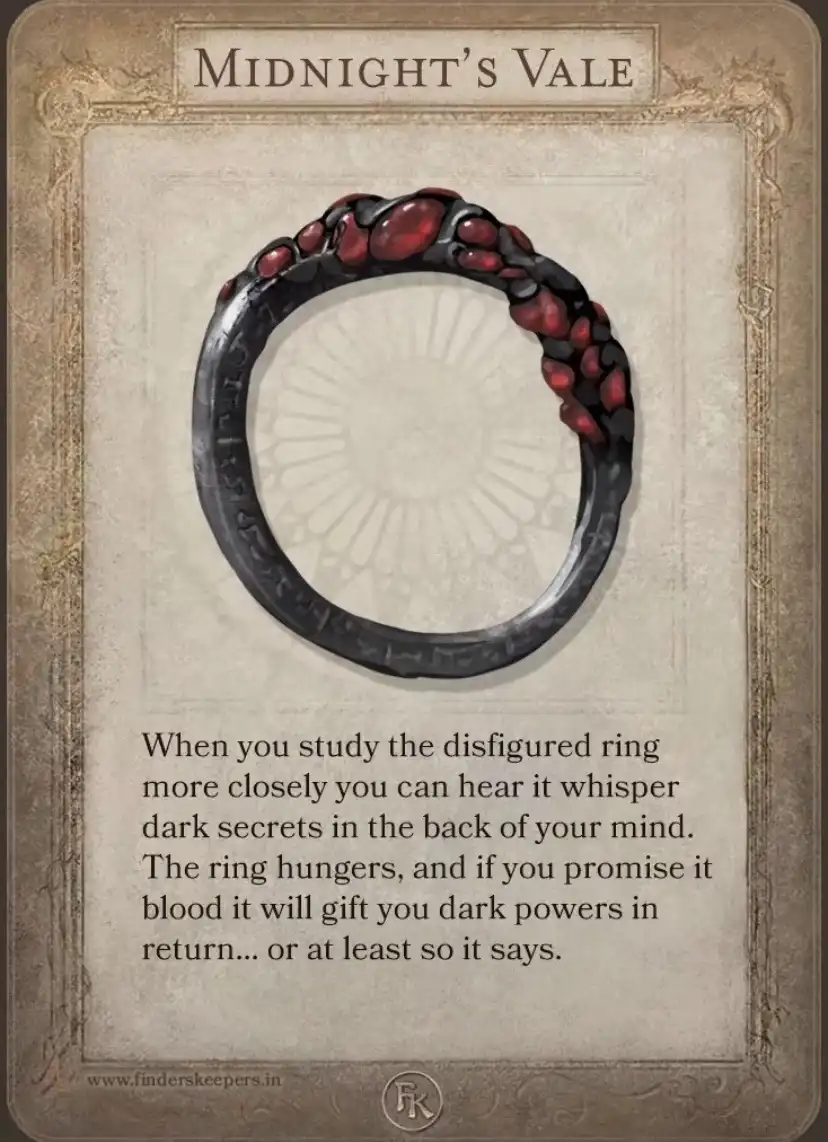 An illustrated fantasy card titled 'Midnight's Vale' depicts a black ring adorned with red, fleshy growths. The card's text…