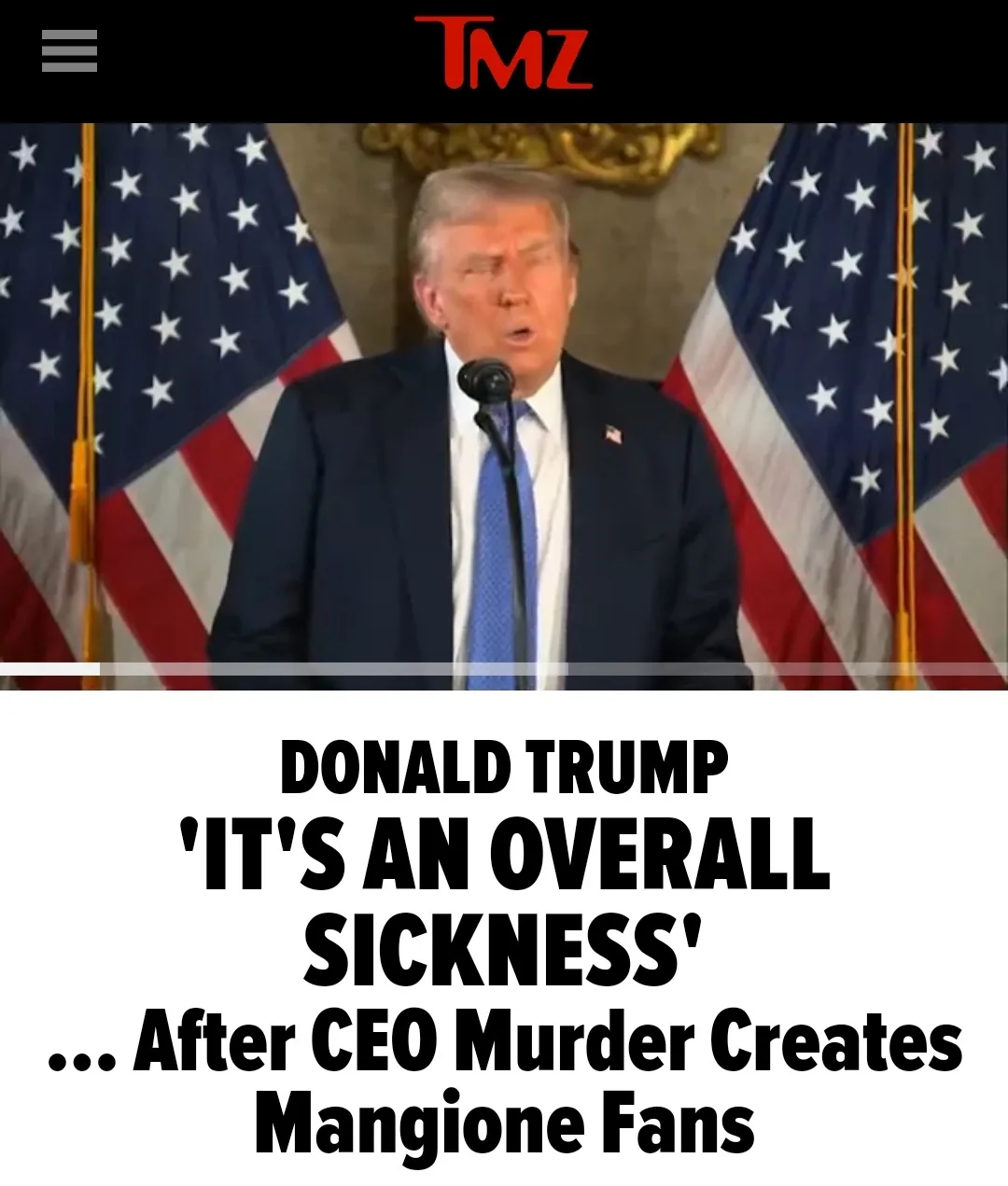 A screenshot from TMZ shows Donald Trump speaking at a podium with two American flags behind him. Overlaid text reads…