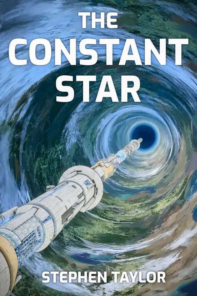 A science fiction book cover titled 'THE CONSTANT STAR' by Stephen Taylor, depicting a futuristic spaceship entering a…