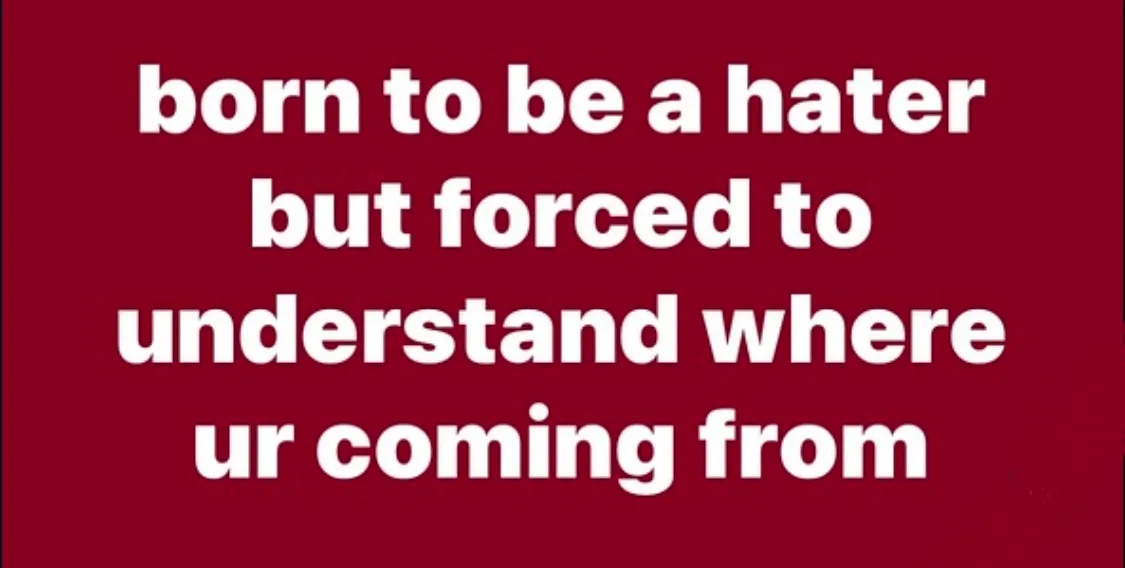 A solid red background with white, bold, centered text that reads 'born to be a hater but forced to understand where ur…