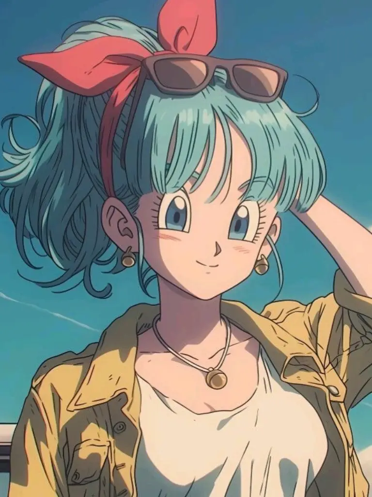 An anime girl with teal hair tied in a ponytail with a red bow, wearing sunglasses on her head, a beige jacket over a white…