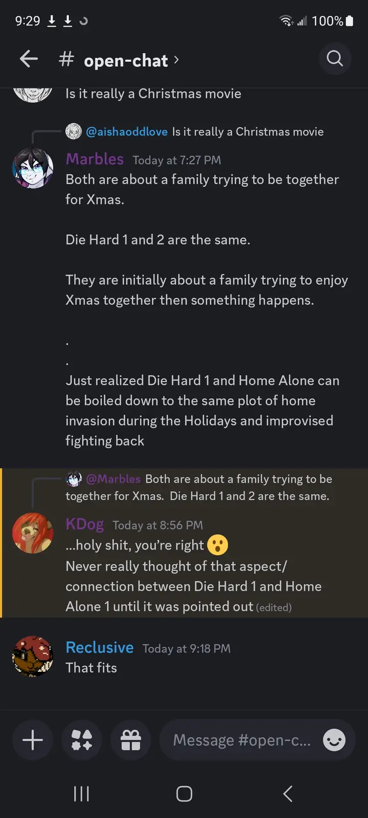 A screenshot of a Discord chat in the #open-chat channel where user 'Marbles' argues that Die Hard 1 and 2 are the same and…