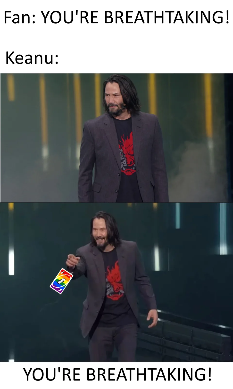 The meme features actor Keanu Reeves in two panels. In the top panel, he looks slightly confused or unimpressed. In the…