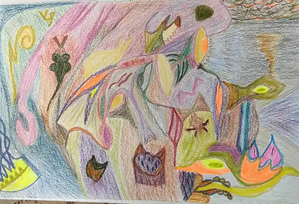 A colorful, abstract crayon drawing featuring swirling shapes, organic forms, and surreal elements like a cat-like face, a…