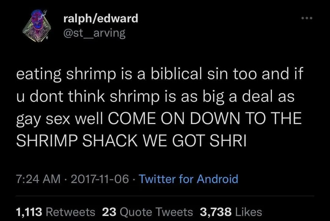 A screenshot of a 2017 Twitter post by user @st__arving, featuring white text on a black background. The tweet humorously…
