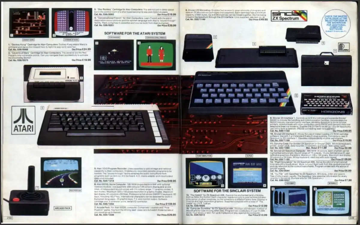 This is a two-page spread from a vintage computer catalog, showing Atari and Sinclair ZX Spectrum products. The left page…