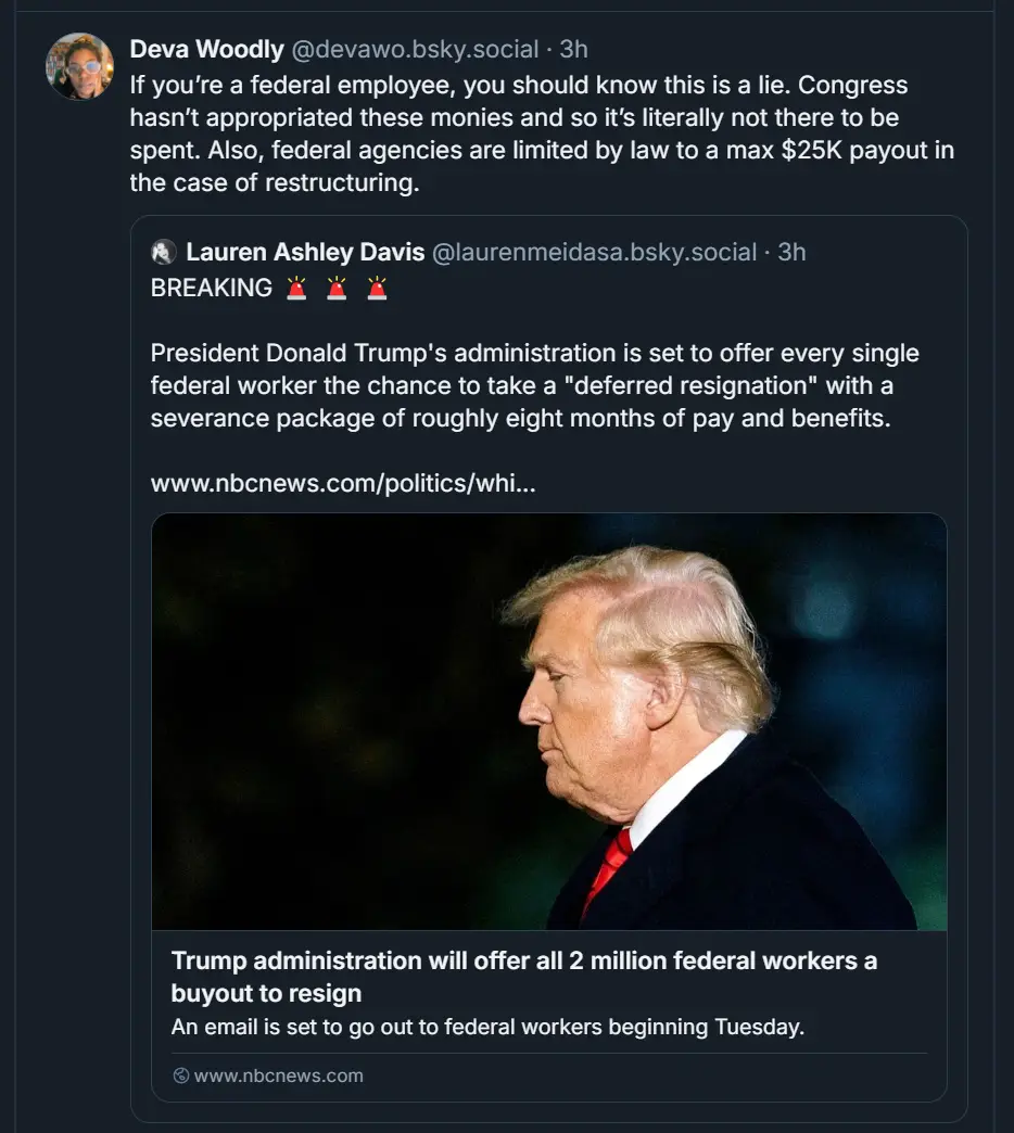 A screenshot of a social media post showing a news article about a 'deferred resignation' offer from the Trump…