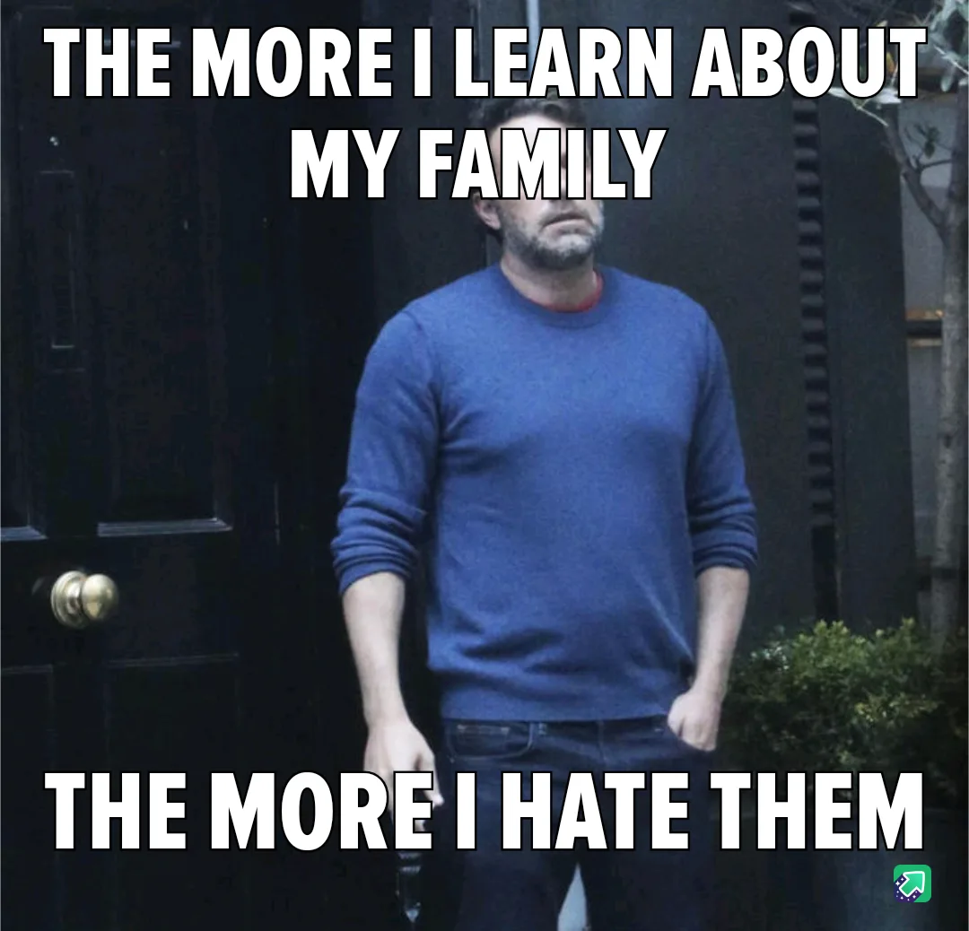 A man in a blue sweater stands outside a dark door with a weary, resigned expression. Large white text overlays the image…
