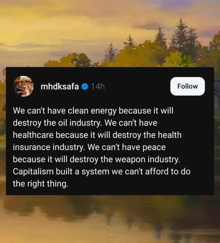 A screenshot of a social media post by user 'mhdksafa' overlaid on a scenic image of a sunset over water with trees. The…
