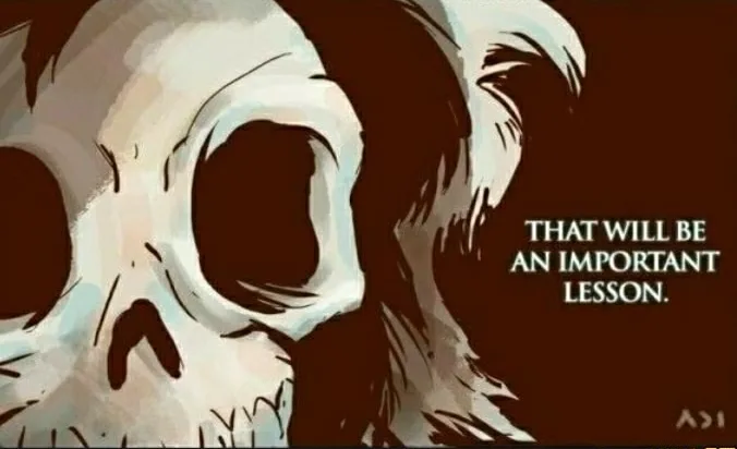 A stylized illustration of a skull with dark, expressive eyes and fur-like textures on its head, set against a dark brown…