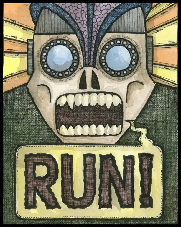 A stylized, cartoonish skull with large, round blue eyes and a wide, toothy grin is depicted against a textured background…