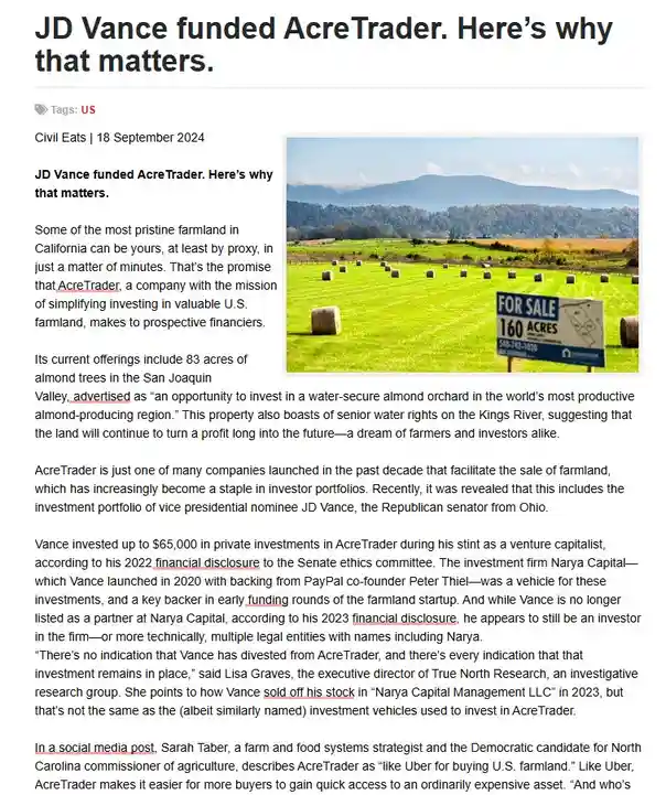A screenshot of a news article titled 'JD Vance funded AcreTrader. Here's why that matters.' shows a photo of a green field…