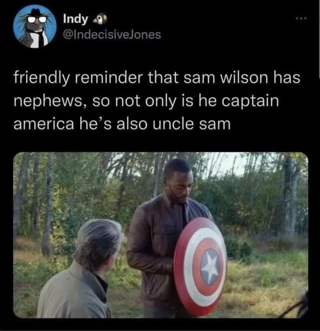 A screenshot of a tweet by user Indy (@IndecisiveJones) featuring a still from a movie showing Sam Wilson holding Captain…
