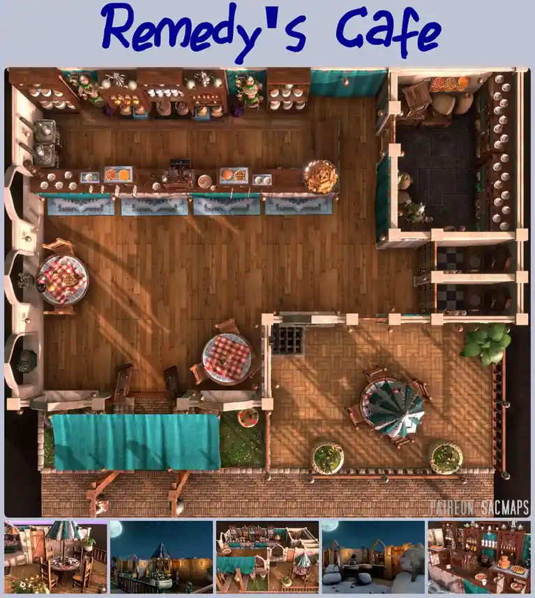 An overhead view of a cozy, rustic cafe with wooden floors, tables with red checkered tablecloths, shelves of teapots and…