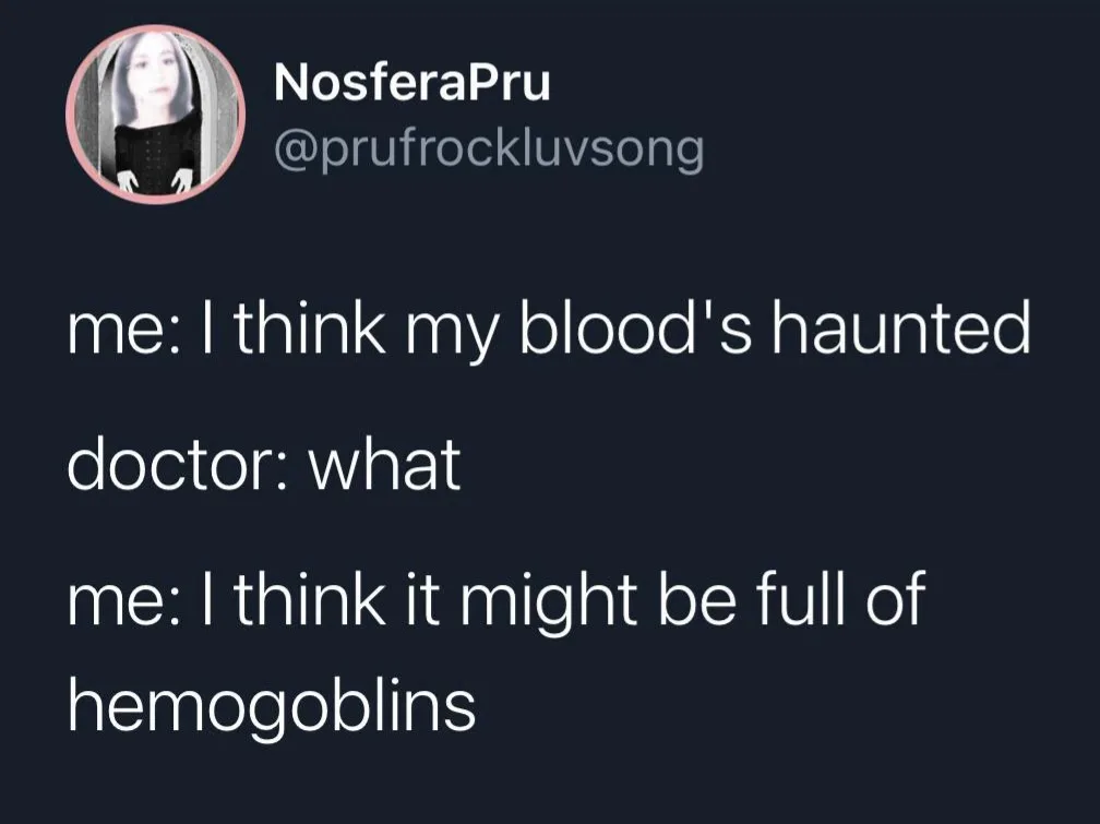A dark-themed social media post with white text on a black background, showing a user named NosferaPru (@prufrockluvsong)…